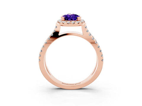 Rose gold Pear Cut Tanzanite Halo Ring with Split Shank Pavé Band and Prong Setting_3