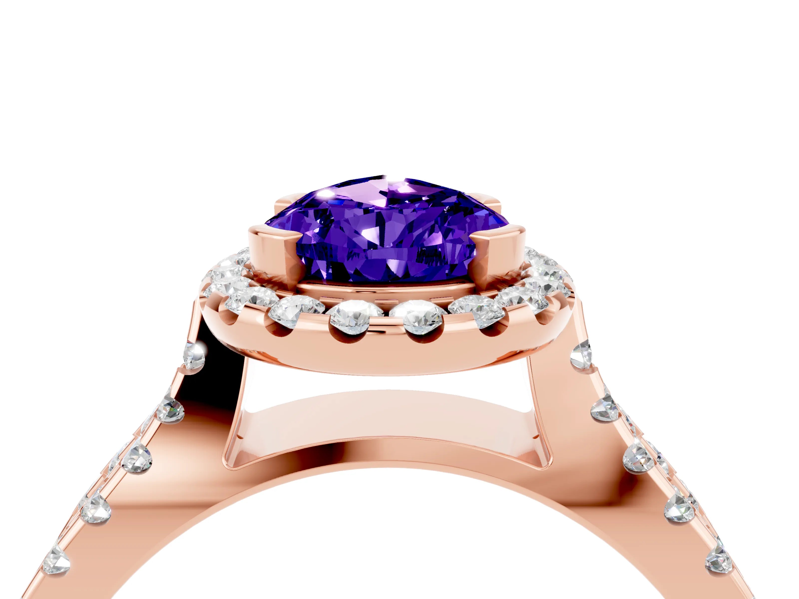 Rose gold Pear Cut Tanzanite Halo Ring with Split Shank Pavé Band and Prong Setting_4