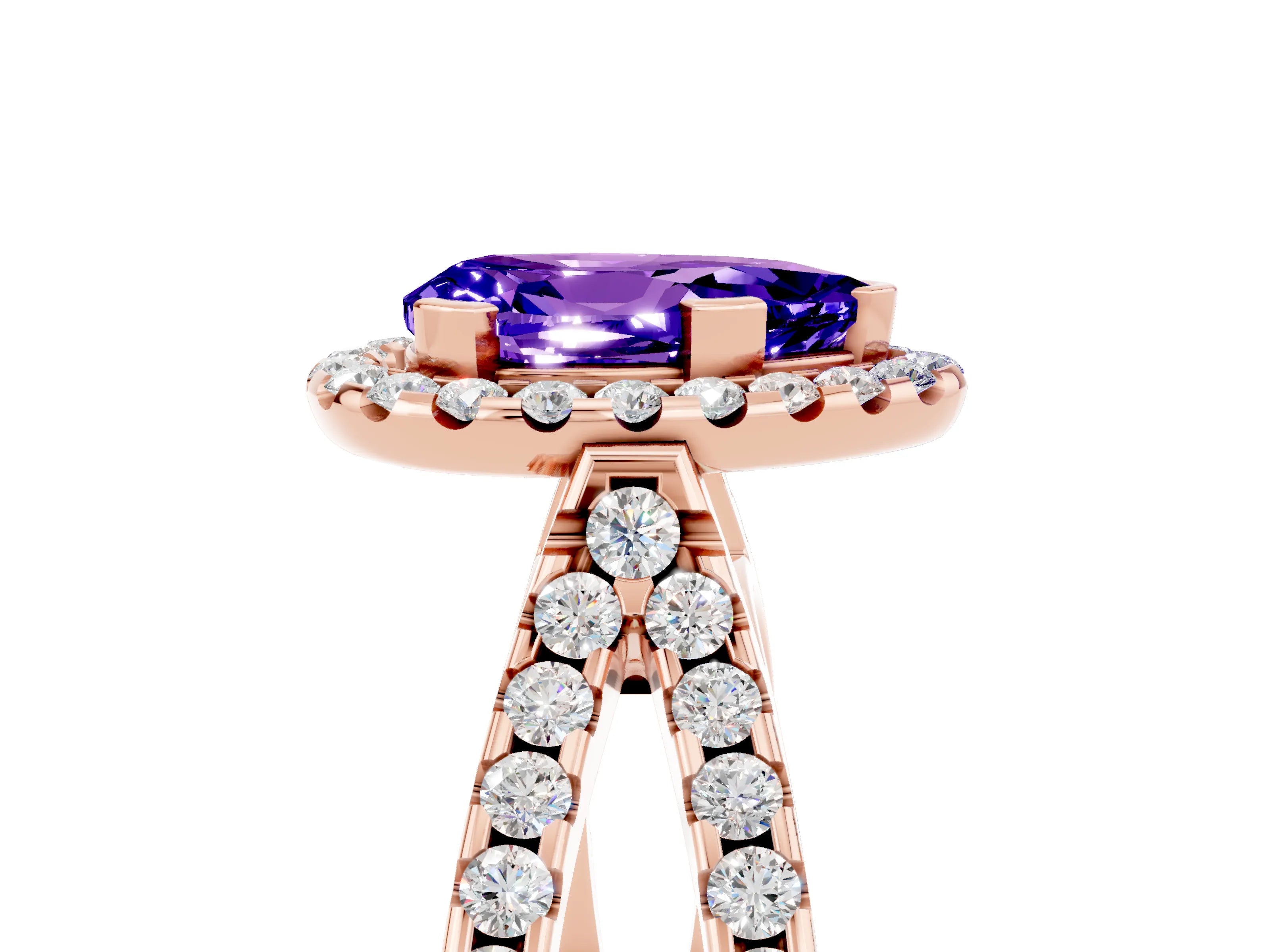 Rose gold Pear Cut Tanzanite Halo Ring with Split Shank Pavé Band and Prong Setting_5