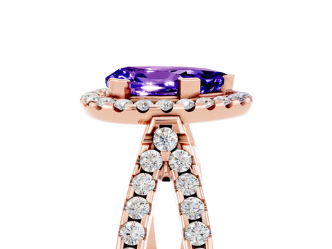 Rose gold Pear Cut Tanzanite Halo Ring with Split Shank Pavé Band and Prong Setting_5