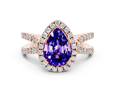 Rose gold Pear Cut Tanzanite Halo Ring with Split Shank Pavé Band and Prong Setting