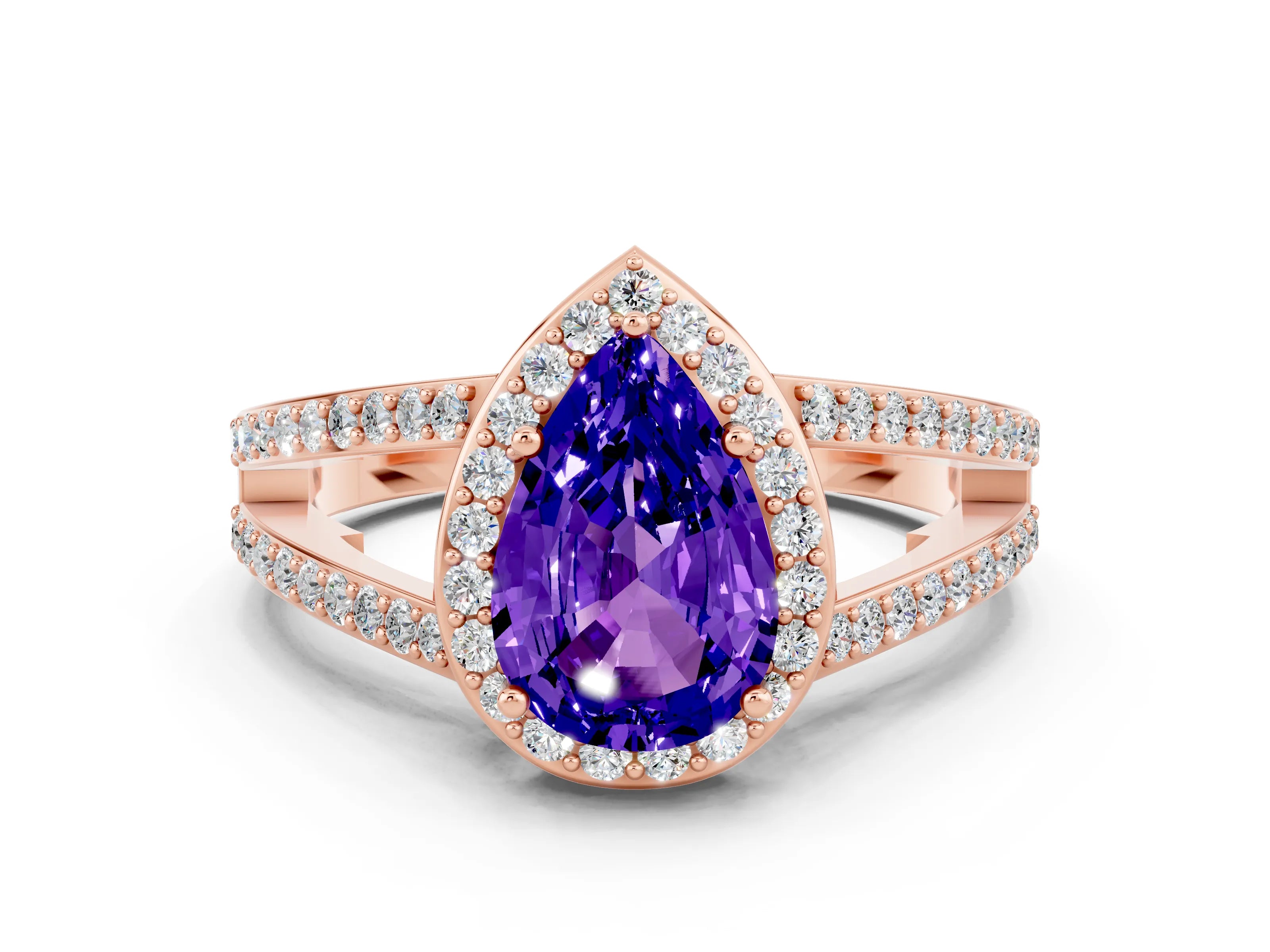Rose gold Pear Cut Tanzanite Halo Ring with Split Shank U-Prong Band and Four-Prong Setting