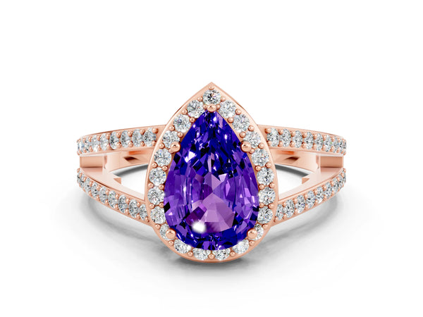 Rose gold Pear Cut Tanzanite Halo Ring with Split Shank U-Prong Band and Four-Prong Setting