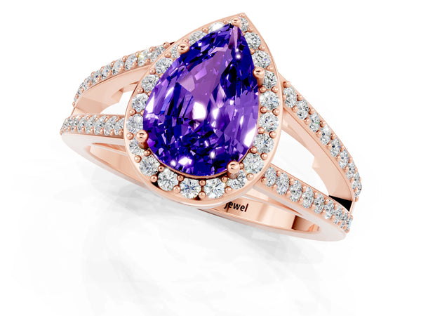 Rose gold Pear Cut Tanzanite Halo Ring with Split Shank U-Prong Band and Four-Prong Setting