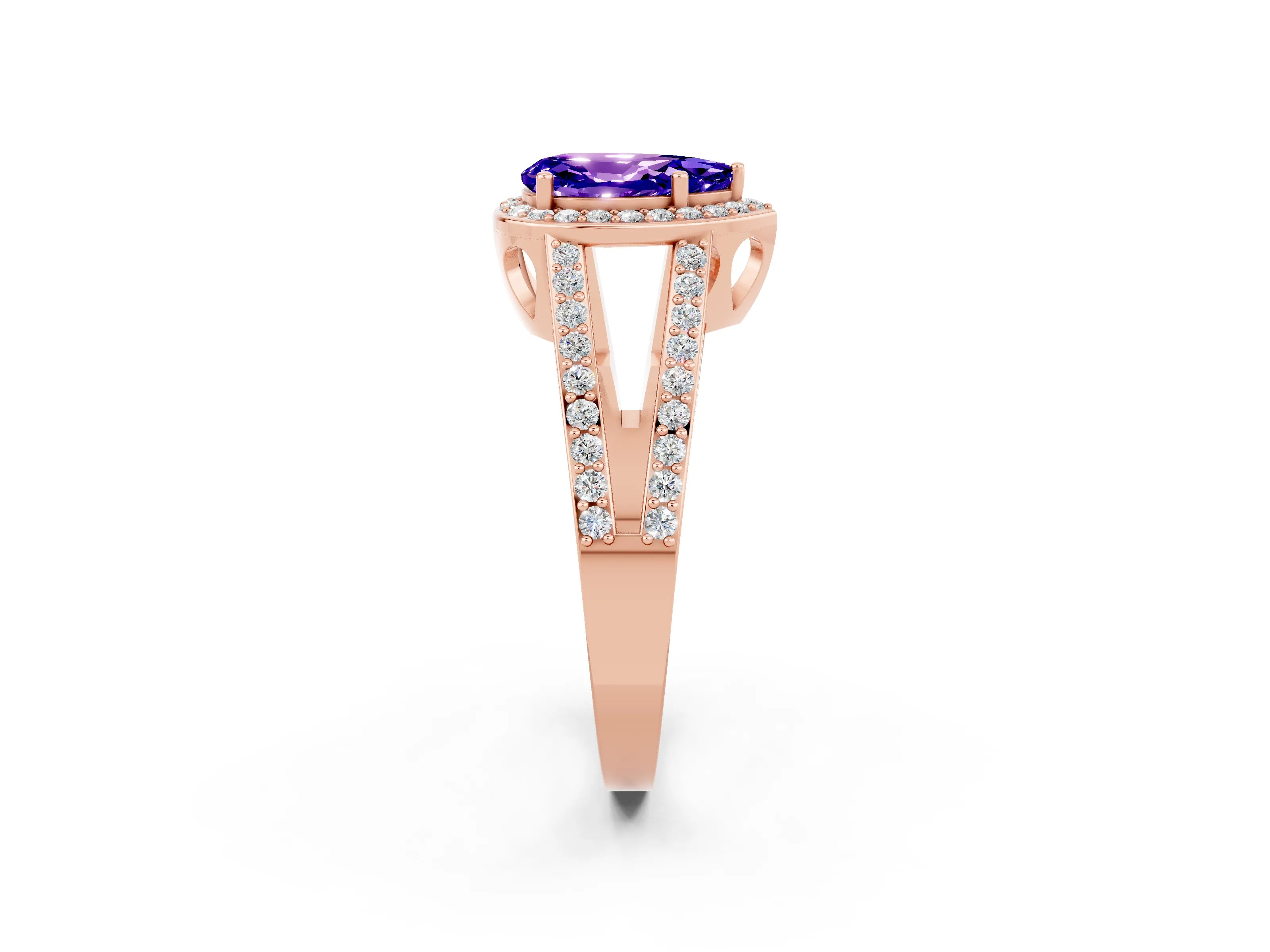 Rose gold Pear Cut Tanzanite Halo Ring with Split Shank U-Prong Band and Four-Prong Setting_2