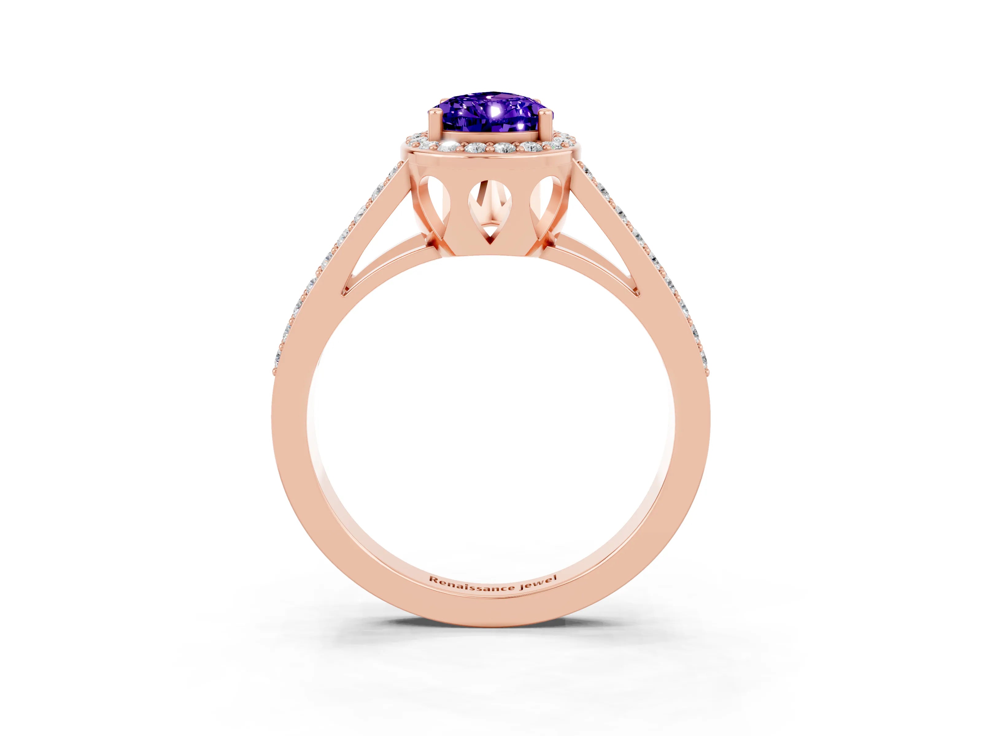 Rose gold Pear Cut Tanzanite Halo Ring with Split Shank U-Prong Band and Four-Prong Setting_3