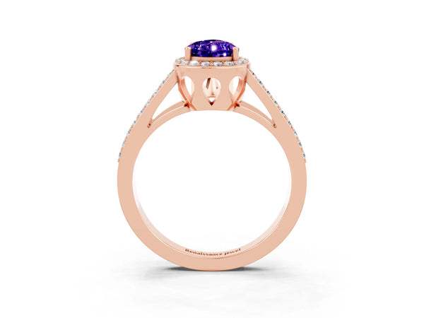 Rose gold Pear Cut Tanzanite Halo Ring with Split Shank U-Prong Band and Four-Prong Setting