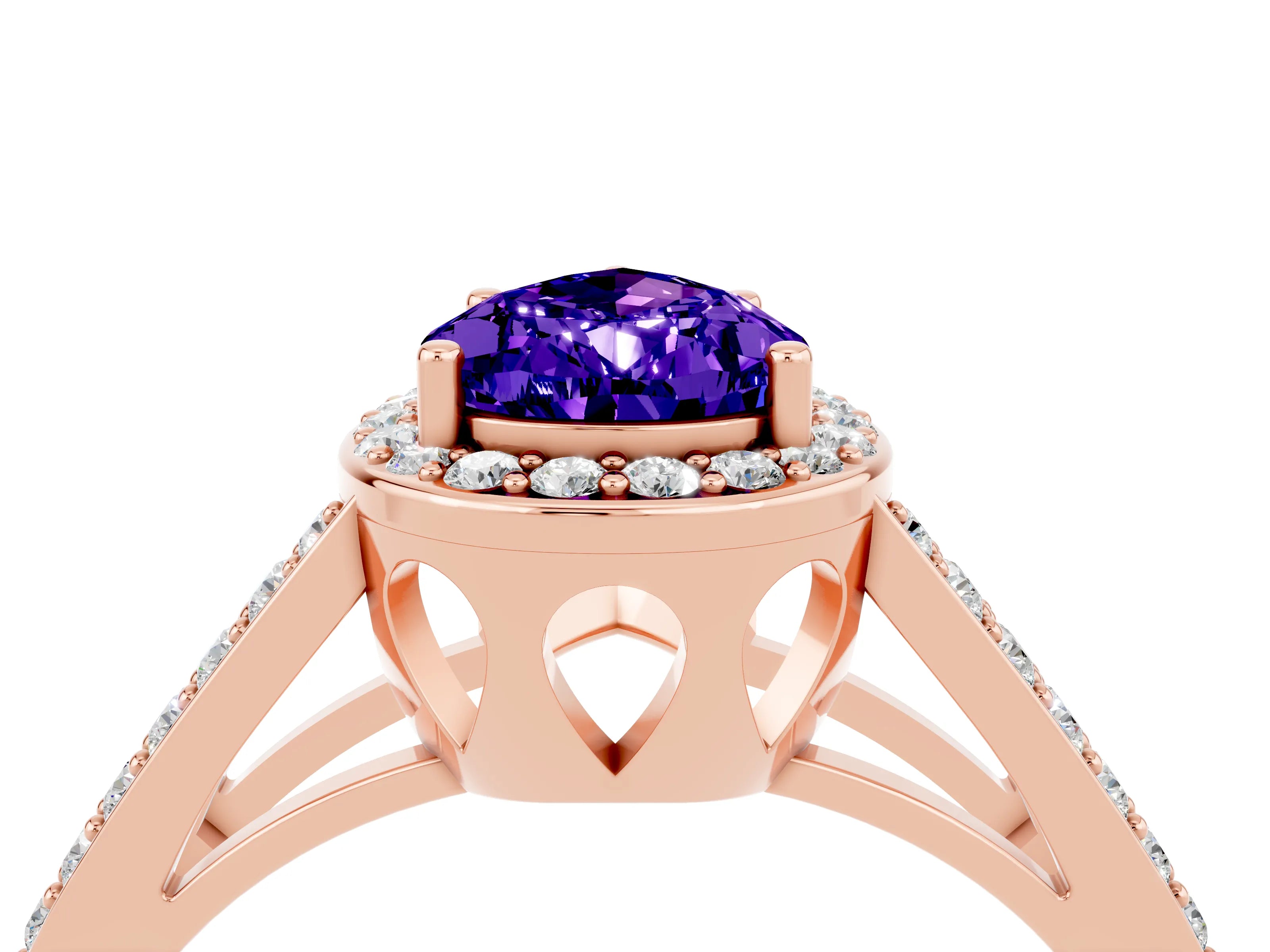 Rose gold Pear Cut Tanzanite Halo Ring with Split Shank U-Prong Band and Four-Prong Setting_4