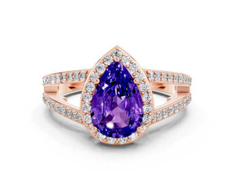 Rose gold Pear Cut Tanzanite Halo Ring with Split Shank U-Prong Band and Four-Prong Setting