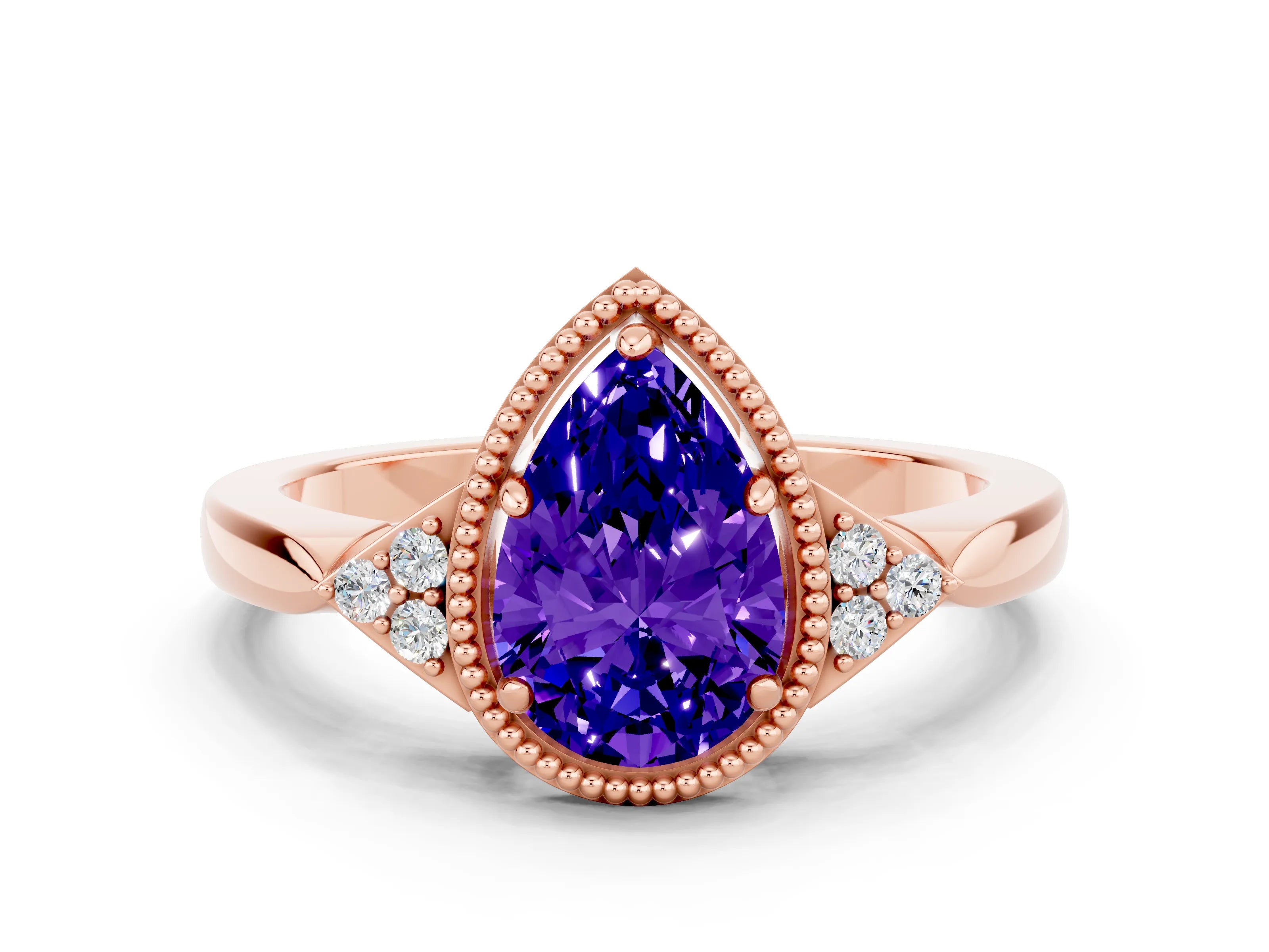 Rose gold Pear Cut Tanzanite Halo Ring with Tapered Band and Four-Prong Setting