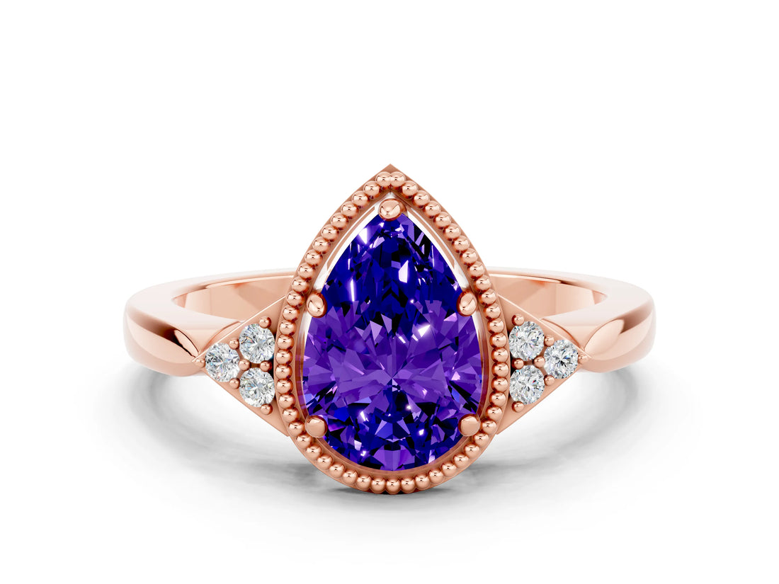 Rose gold Pear Cut Tanzanite Halo Ring with Tapered Band and Four-Prong Setting