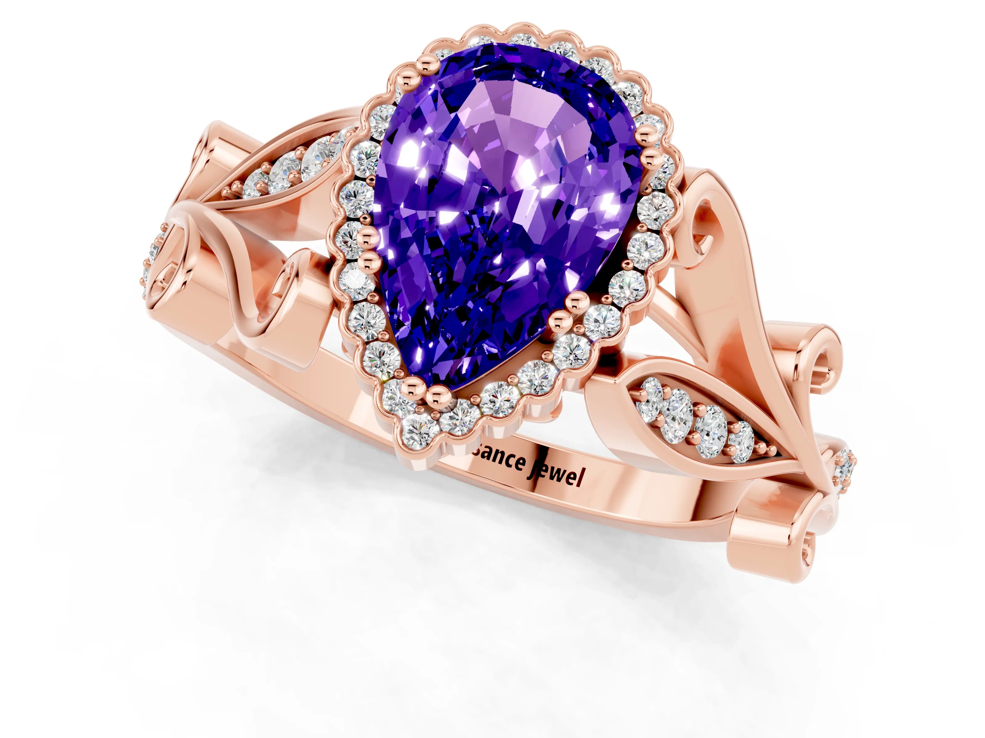Rose gold Pear Cut Tanzanite Halo Ring with Vintage Split Shank and Four-Prong Setting_1