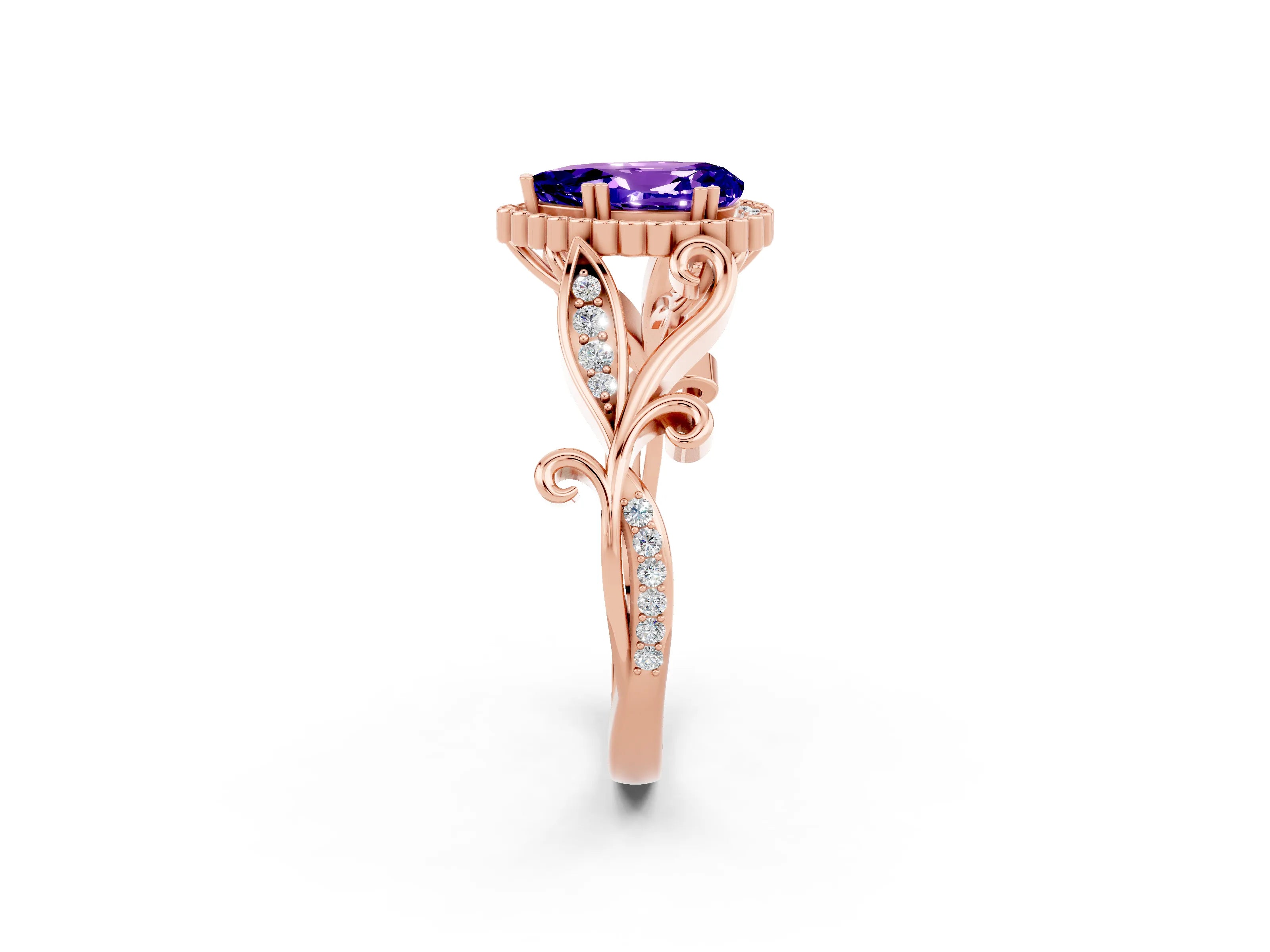 Rose gold Pear Cut Tanzanite Halo Ring with Vintage Split Shank and Four-Prong Setting_2