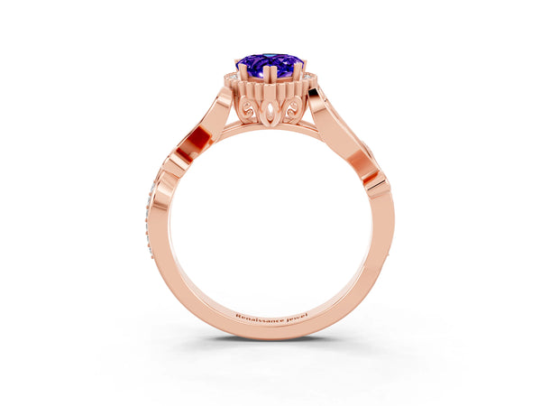 Rose gold Pear Cut Tanzanite Halo Ring with Vintage Split Shank and Four-Prong Setting