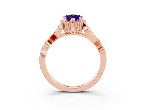 Rose gold Pear Cut Tanzanite Halo Ring with Vintage Split Shank and Four-Prong Setting_3