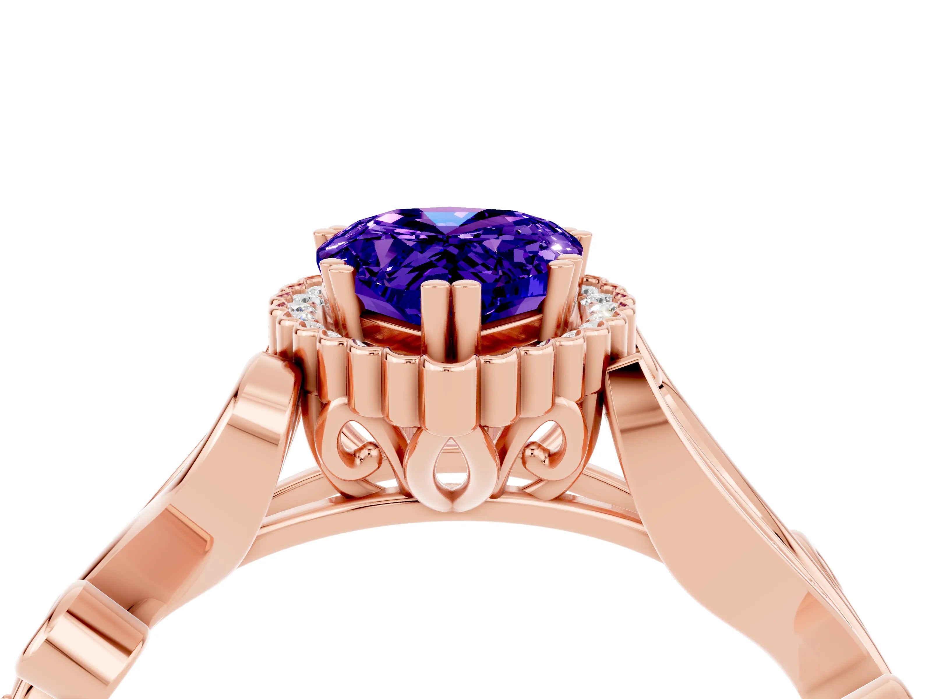 Rose gold Pear Cut Tanzanite Halo Ring with Vintage Split Shank and Four-Prong Setting_4