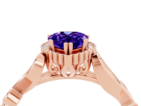 Rose gold Pear Cut Tanzanite Halo Ring with Vintage Split Shank and Four-Prong Setting_4