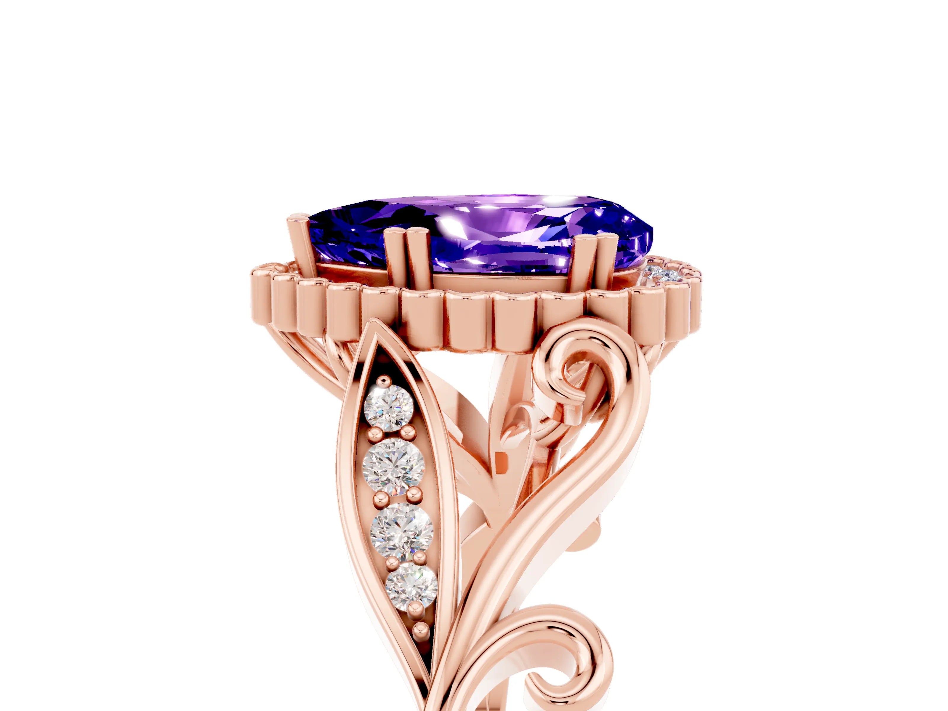 Rose gold Pear Cut Tanzanite Halo Ring with Vintage Split Shank and Four-Prong Setting_5