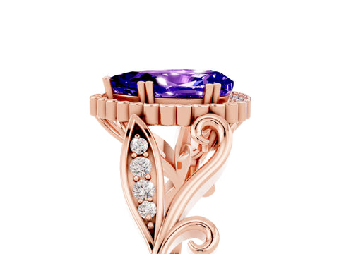 Rose gold Pear Cut Tanzanite Halo Ring with Vintage Split Shank and Four-Prong Setting_5