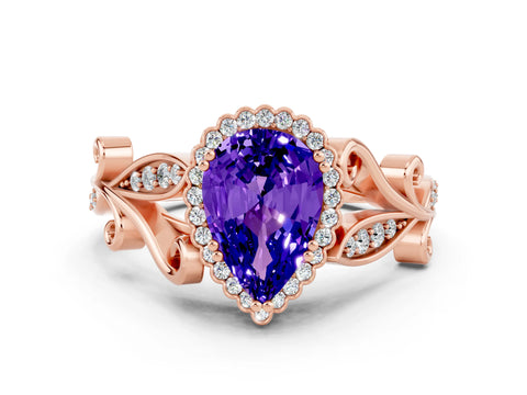 Rose gold Pear Cut Tanzanite Halo Ring with Vintage Split Shank and Four-Prong Setting