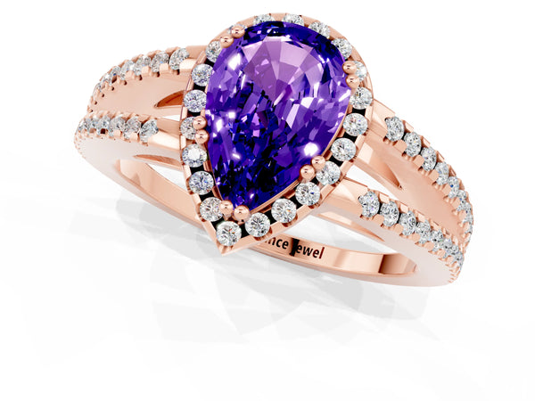 Rose gold Pear Cut Tanzanite Halo Split Shank Engagement Ring