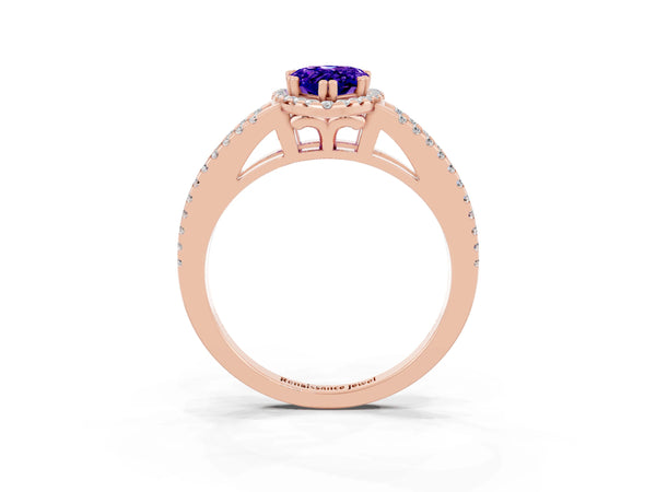 Rose gold Pear Cut Tanzanite Halo Split Shank Engagement Ring