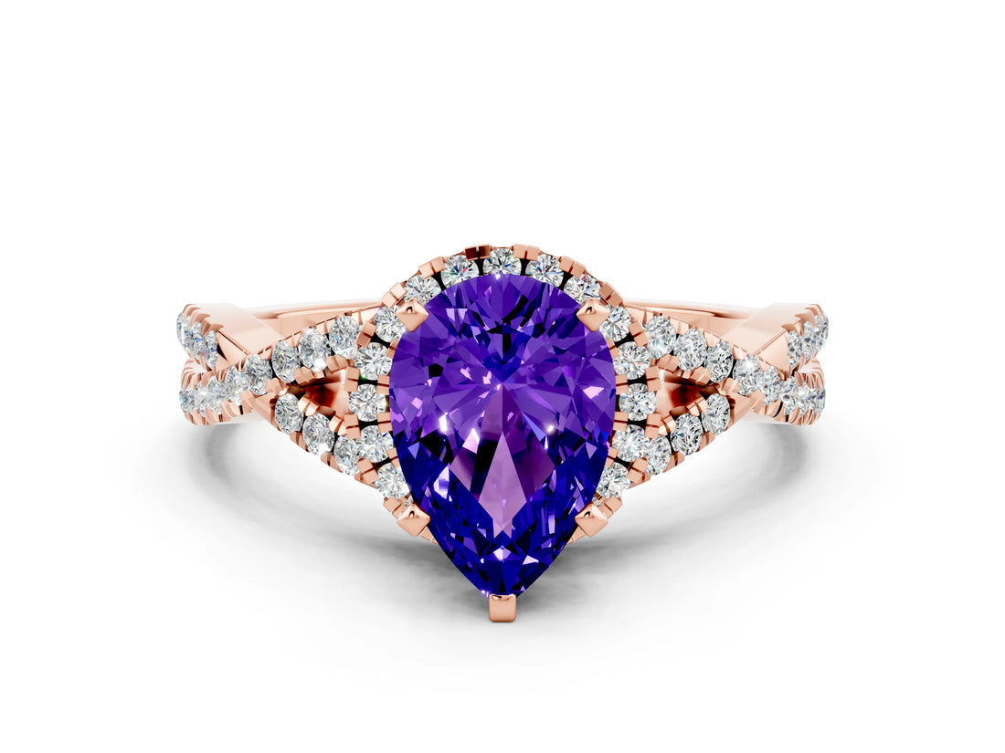 Rose gold Pear Cut Tanzanite Halo Twist Band Solitaire Prong Setting Ring