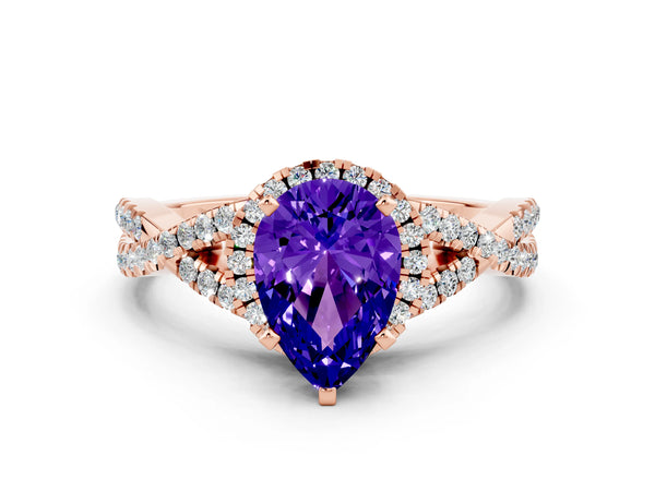 Rose gold Pear Cut Tanzanite  Halo Twist Band Solitaire Prong Setting Ring
