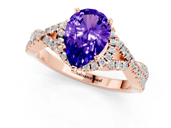 Rose gold Pear Cut Tanzanite  Halo Twist Band Solitaire Prong Setting Ring