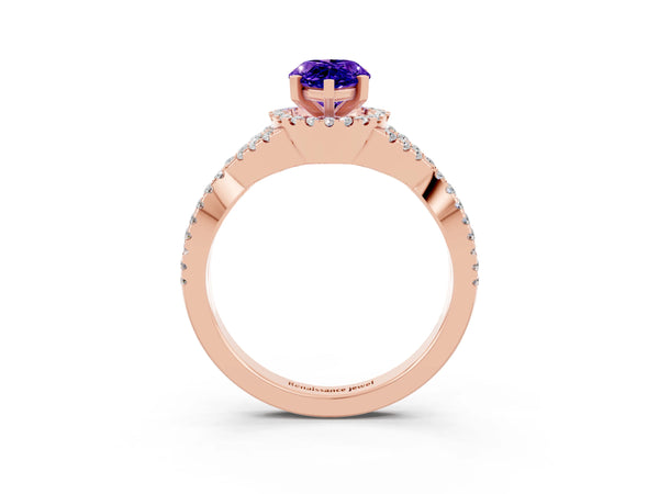 Rose gold Pear Cut Tanzanite  Halo Twist Band Solitaire Prong Setting Ring