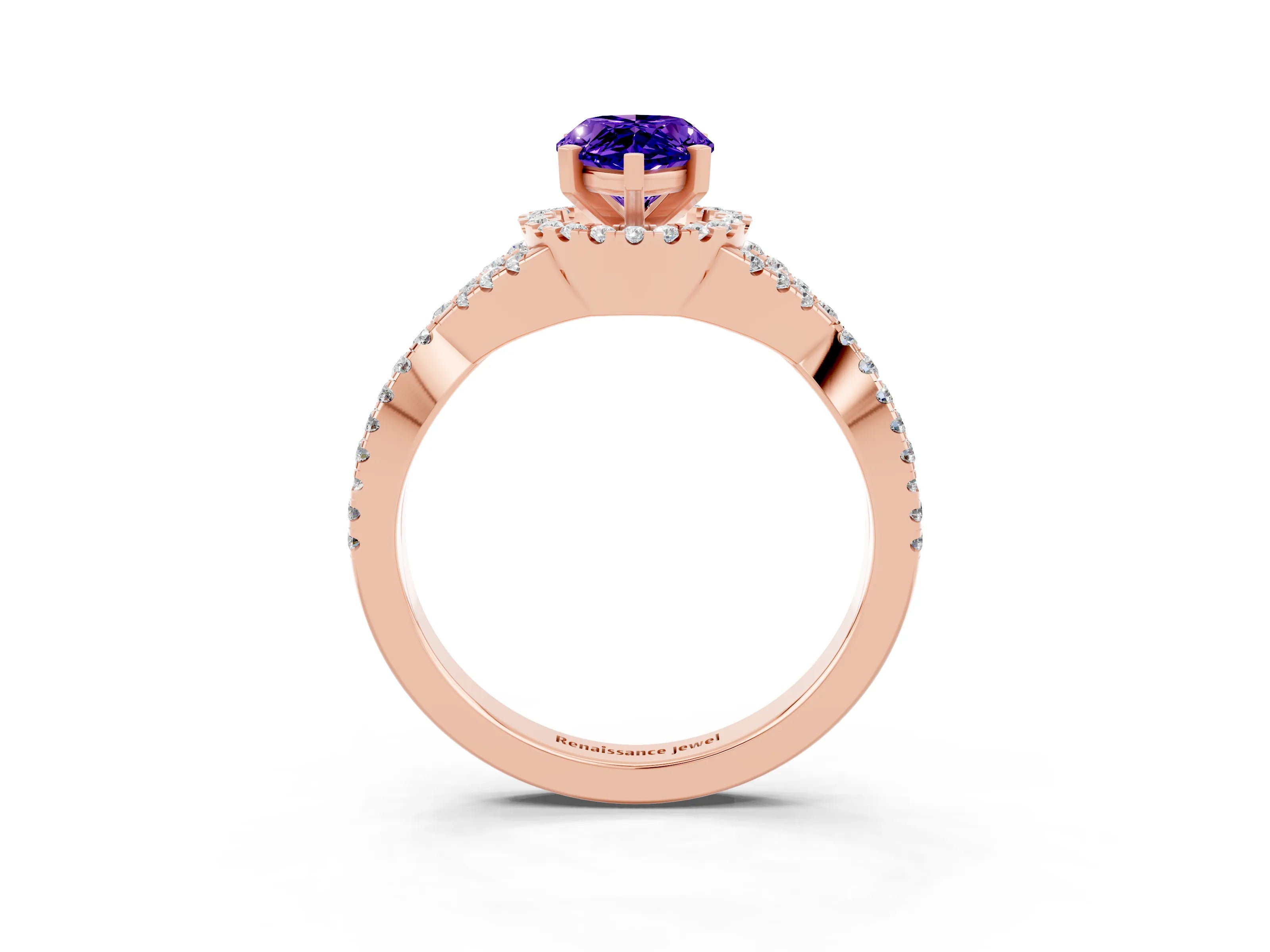 Rose gold Pear Cut Tanzanite Halo Twist Band Solitaire Prong Setting Ring_3
