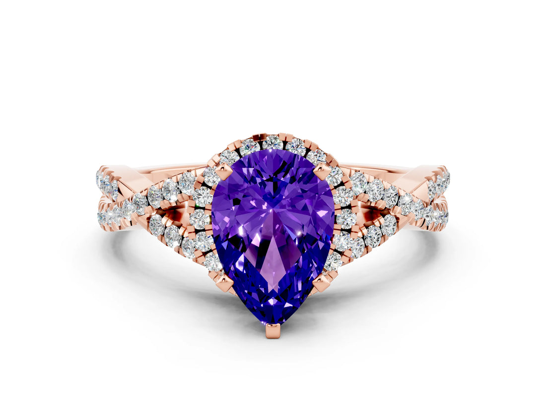 Rose gold Pear Cut Tanzanite  Halo Twist Band Solitaire Prong Setting Ring_36