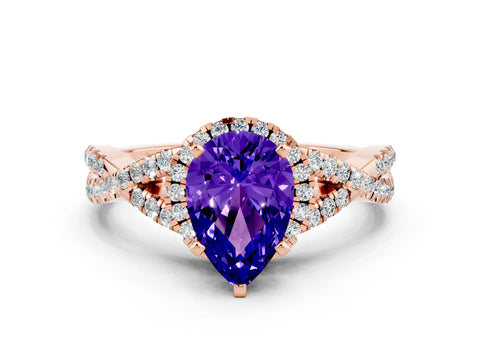 Rose gold Pear Cut Tanzanite Halo Twist Band Solitaire Prong Setting Ring
