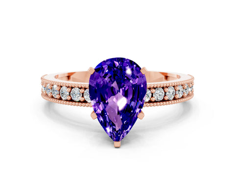 Rose gold Pear Cut Tanzanite Milgrain Pavé Engagement Ring with Four-Prong Setting
