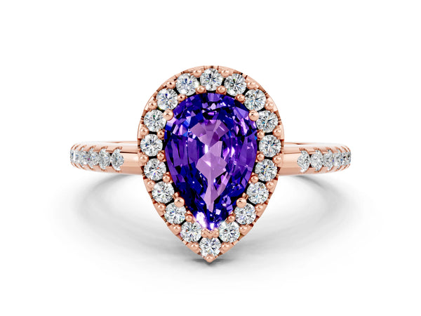 Rose gold Pear Cut Tanzanite Pavé Halo Ring with Four-Prong Setting