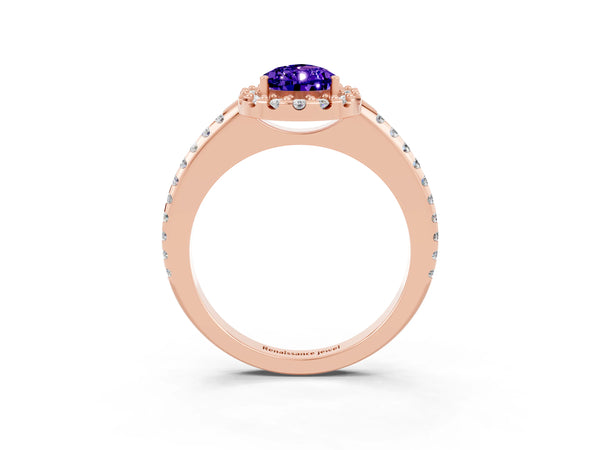 Rose gold Pear Cut Tanzanite Pavé Halo Ring with Four-Prong Setting