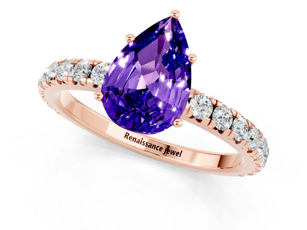 Rose gold Pear Cut Tanzanite Pavé Solitaire Engagement Ring with Four-Prong Setting