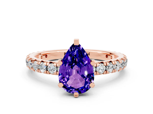 Rose gold Pear Cut Tanzanite Pavé Solitaire Ring with Round Band and Prong Setting