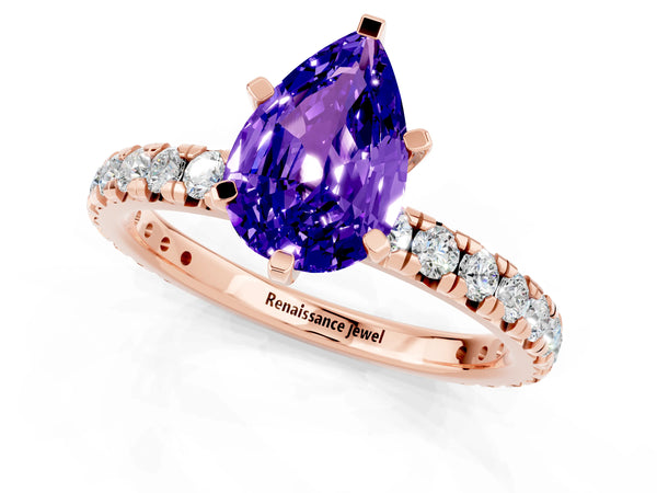 Rose gold Pear Cut Tanzanite Pavé Solitaire Ring with Round Band and Prong Setting