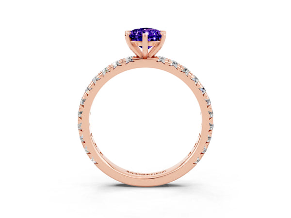 Rose gold Pear Cut Tanzanite Pavé Solitaire Ring with Round Band and Prong Setting