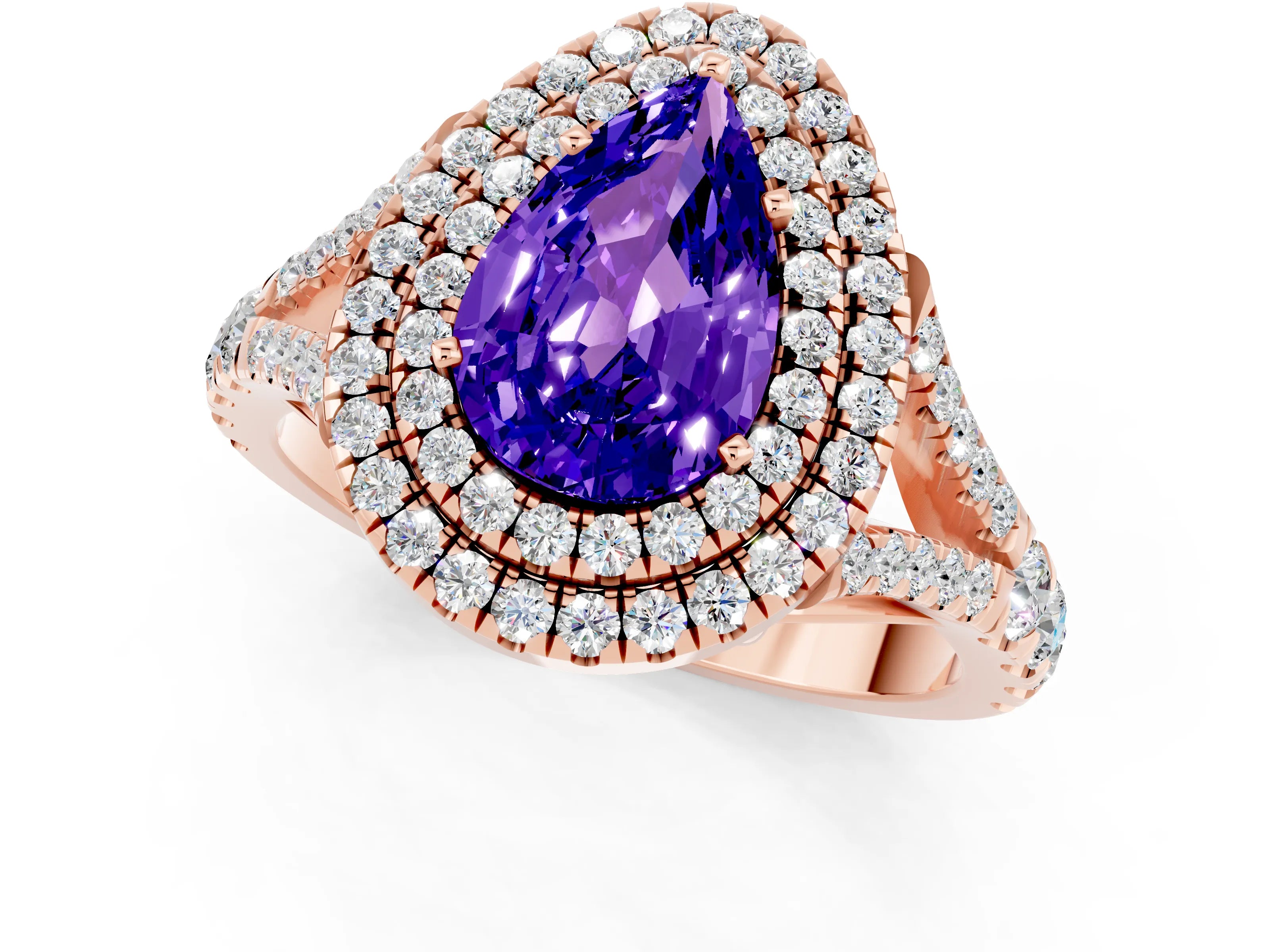 Rose gold Pear Cut Tanzanite Pavé Split Shank Double Halo Engagement Ring_13