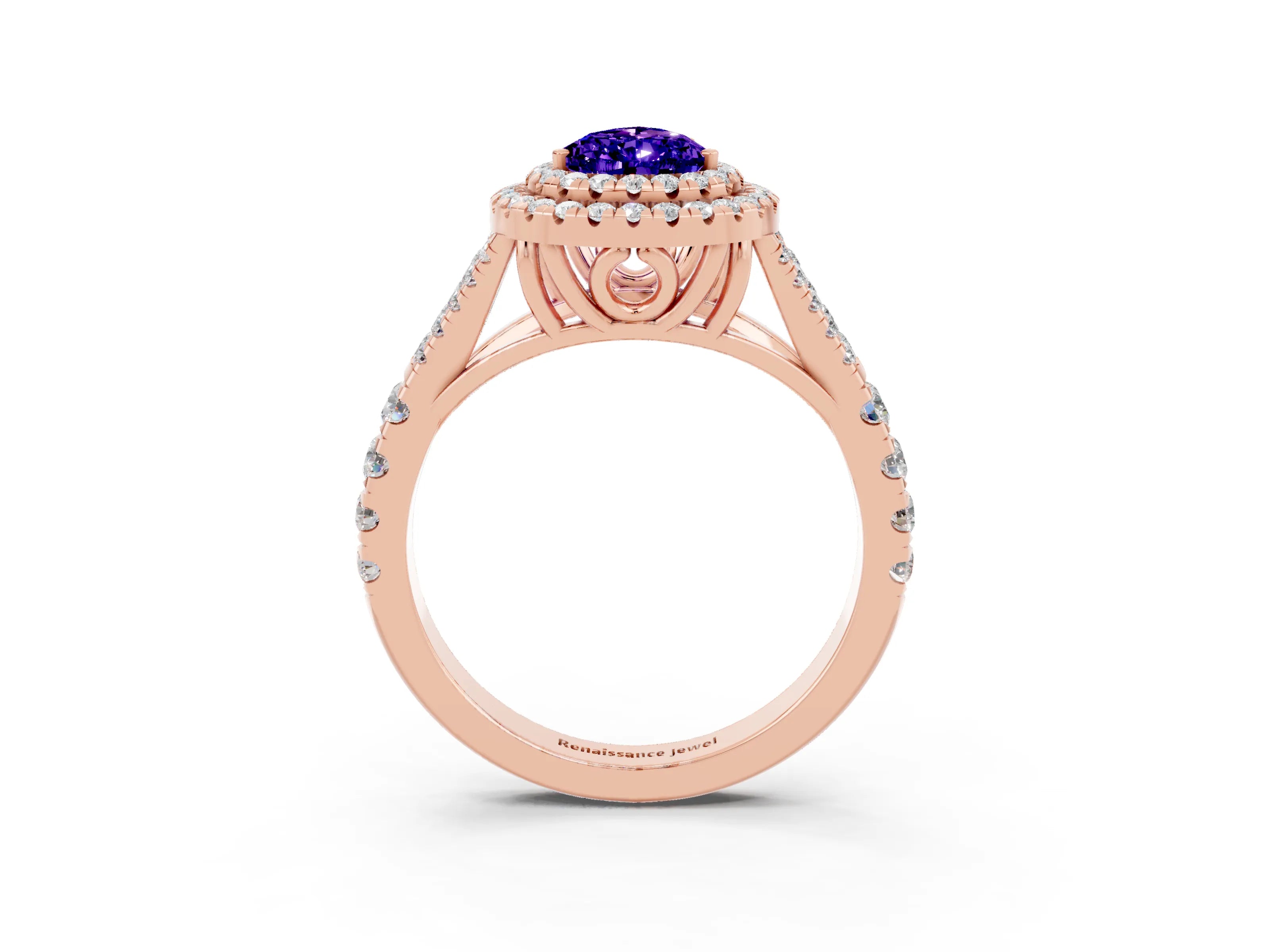 Rose gold Pear Cut Tanzanite Pavé Split Shank Double Halo Engagement Ring_15
