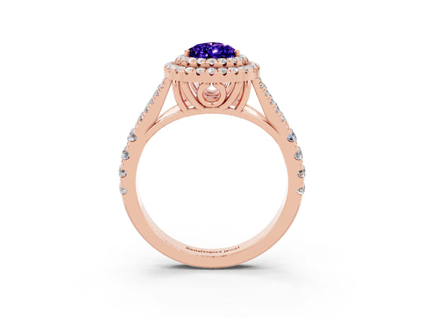 Rose gold Pear Cut Tanzanite Pavé Split Shank Double Halo Engagement Ring