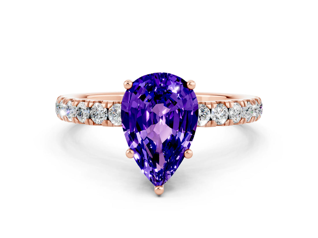 Rose gold Pear Cut Tanzanite Pave Band Solitaire Ring with Four-Prong Setting_24
