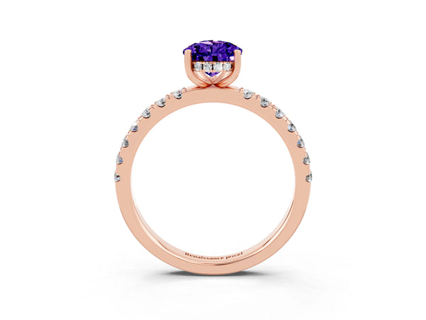 Rose gold Pear Cut Tanzanite Pave Band Solitaire Ring with Round  and Prong Setting
