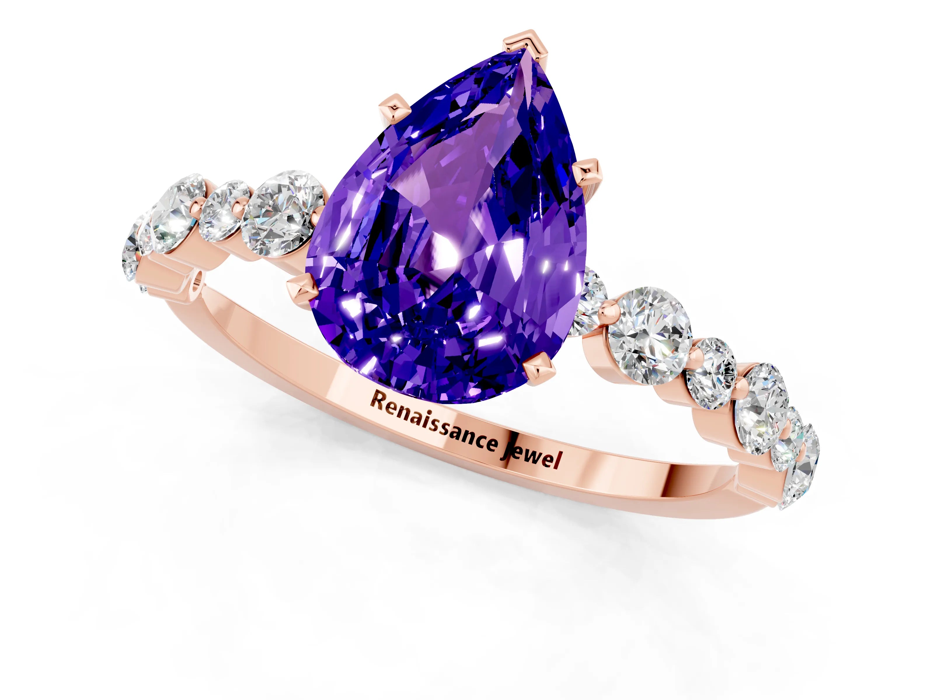 Rose gold Pear Cut Tanzanite Prong Set Engagement Ring with Pavé Band_1