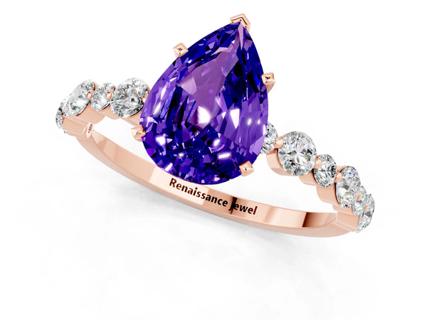 Rose gold Pear Cut Tanzanite Prong Set Engagement Ring with Pavé Band