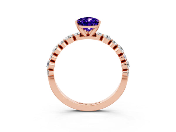 Rose gold Pear Cut Tanzanite Prong Set Engagement Ring with Pavé Band