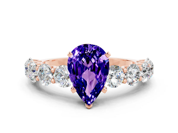 Rose gold Pear Cut Tanzanite Prong Setting with Side Stones on a Pave Band