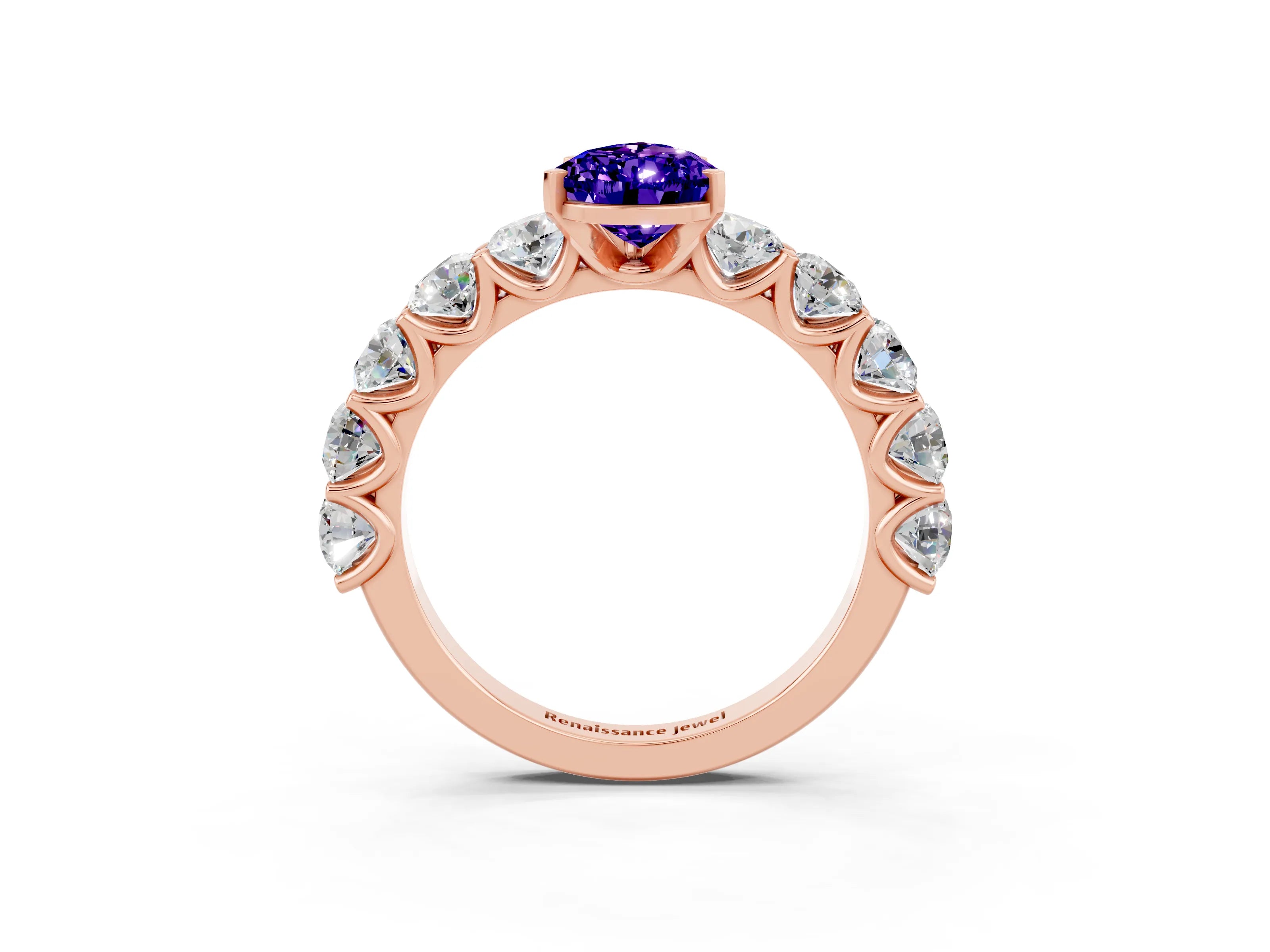 Rose gold Pear Cut Tanzanite Prong Setting with Side Stones on a Pave Band_3